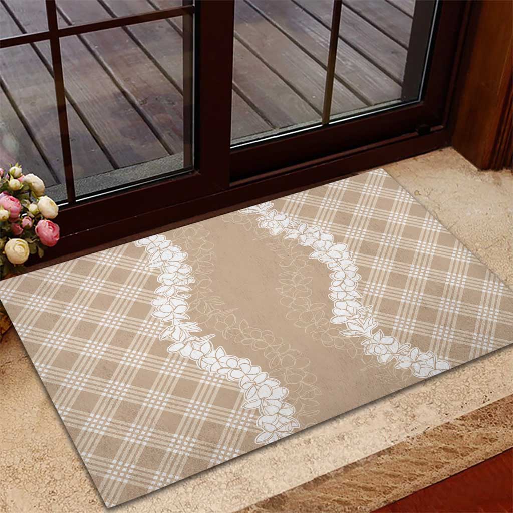 Hawaii Aloha Plumeria Lei Beige Palaka Rubber Doormat - Polynesian Pride