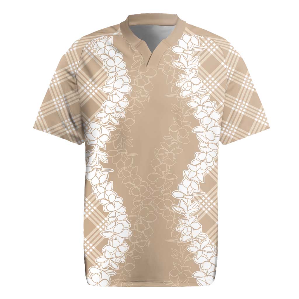 Hawaii Aloha Plumeria Lei Beige Palaka Rugby Jersey - Polynesian Pride
