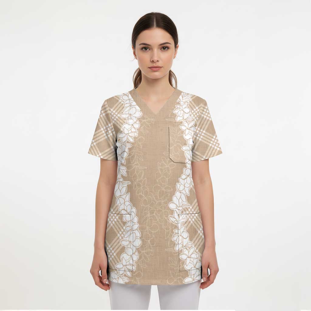 Hawaii Aloha Plumeria Lei Beige Palaka Scrub Top - Polynesian Pride