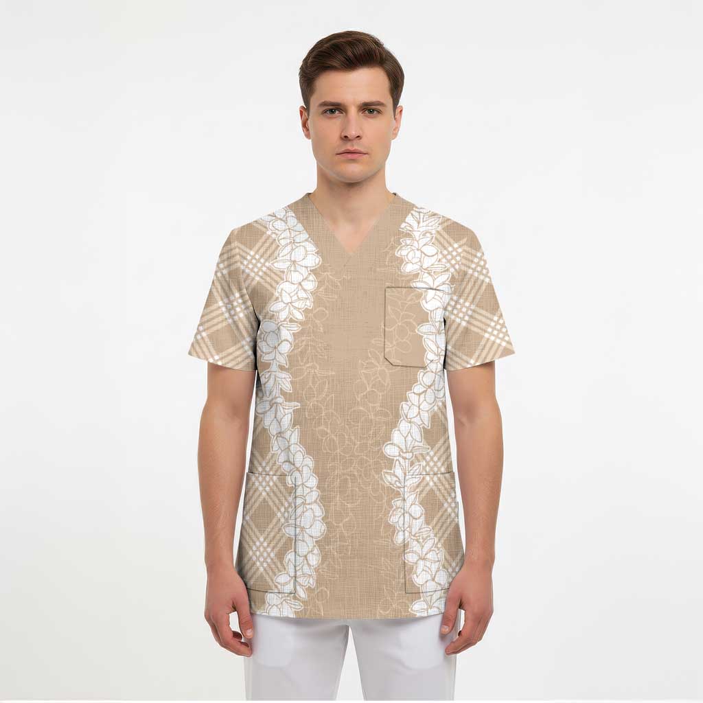 Hawaii Aloha Plumeria Lei Beige Palaka Scrub Top - Polynesian Pride