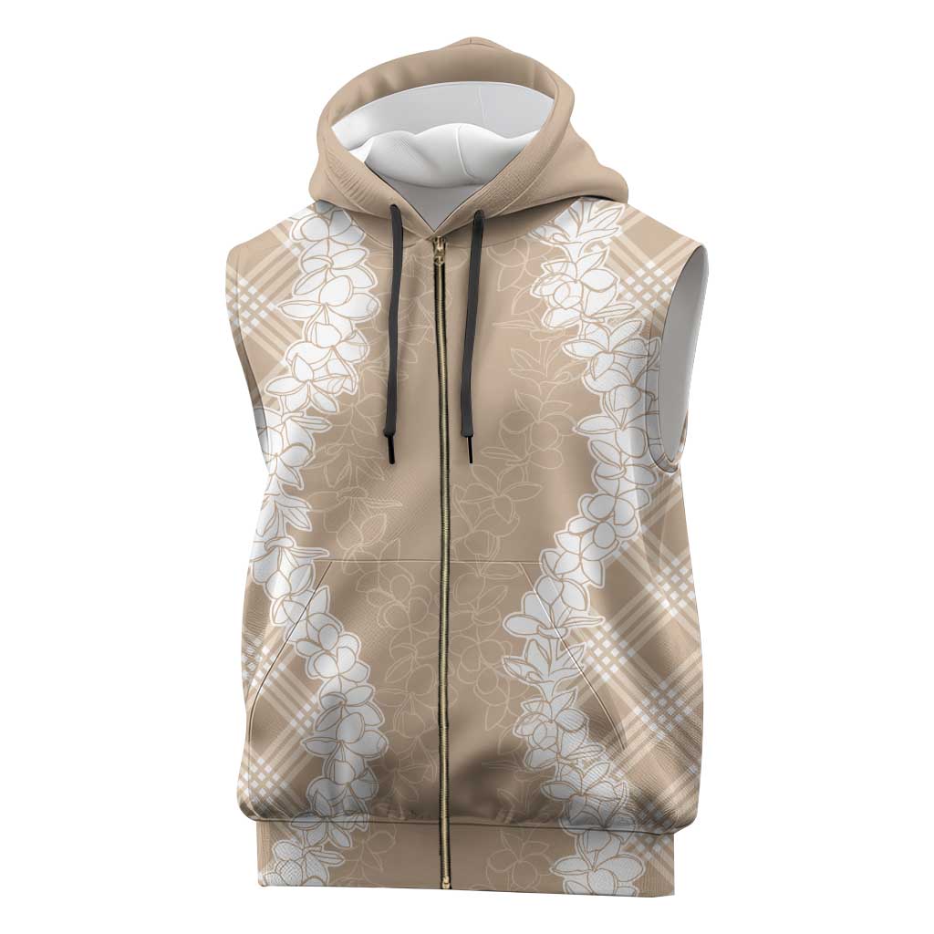 Hawaii Aloha Plumeria Lei Beige Palaka Sleeveless Zip Hoodie - Polynesian Pride
