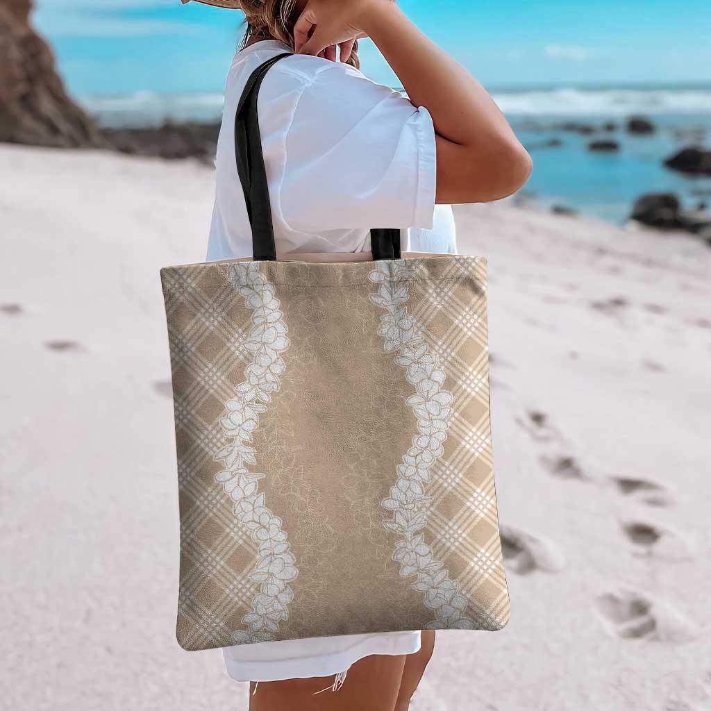 Hawaii Aloha Plumeria Lei Beige Palaka Tote Bag - Polynesian Pride