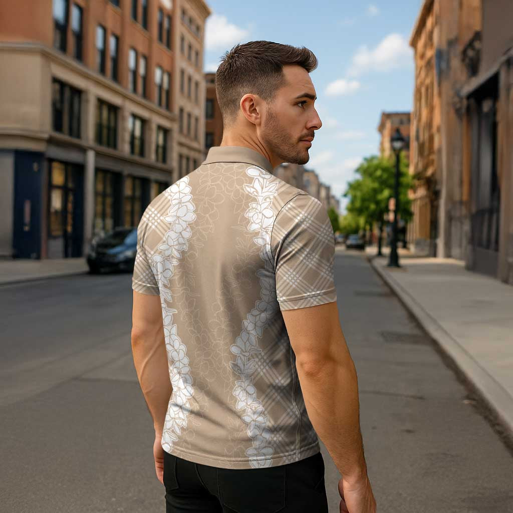 Hawaii Aloha Plumeria Lei Beige Palaka Zipper Polo Shirt - Polynesian Pride