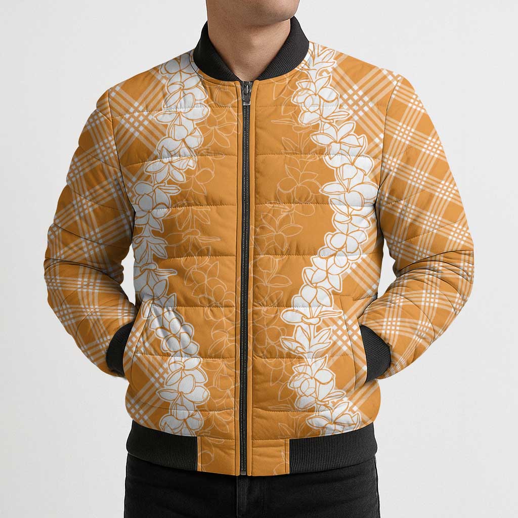Hawaii Aloha Plumeria Lei Orange Palaka Bomber Puffer Jacket - Polynesian Pride
