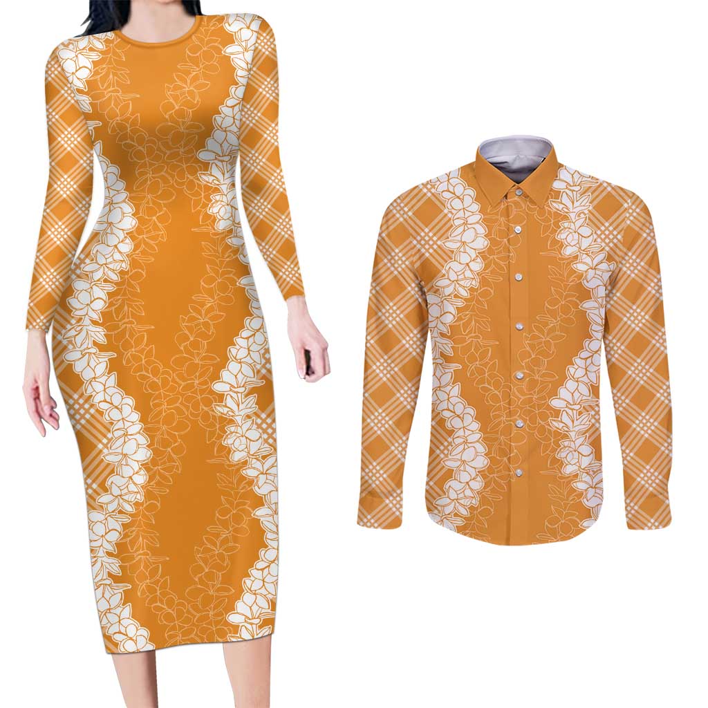 Hawaii Aloha Plumeria Lei Orange Palaka Couples Matching Long Sleeve Bodycon Dress and Long Sleeve Button Shirt - Polynesian Pride