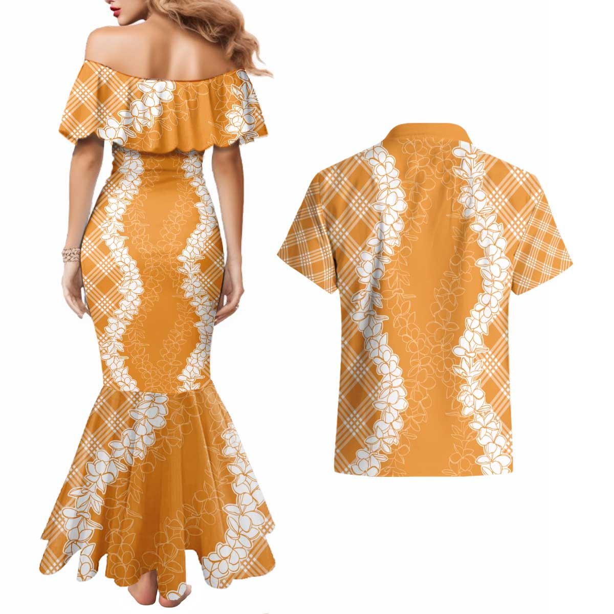 Hawaii Aloha Plumeria Lei Orange Palaka Couples Matching Mermaid Dress and Hawaiian Shirt - Polynesian Pride