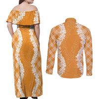 Hawaii Aloha Plumeria Lei Orange Palaka Couples Matching Off Shoulder Maxi Dress and Long Sleeve Button Shirt - Polynesian Pride