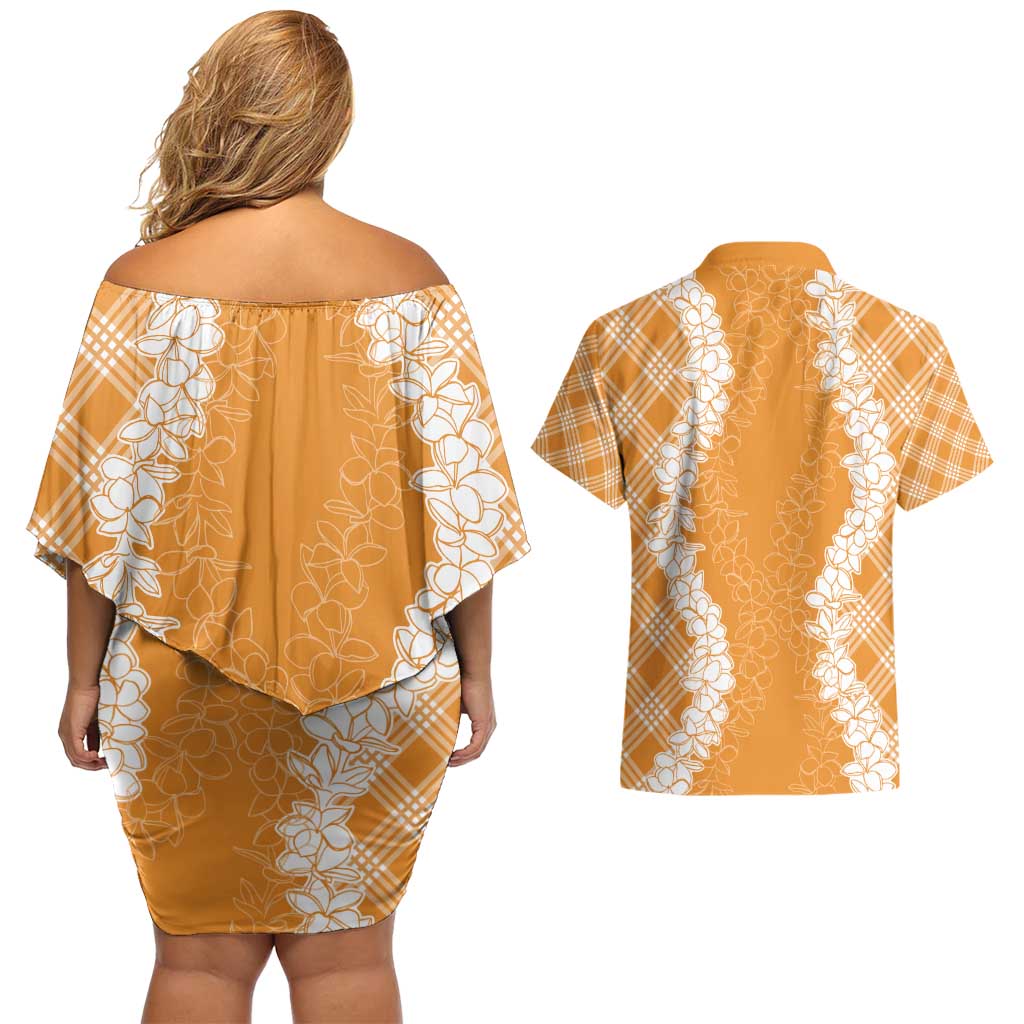 Hawaii Aloha Plumeria Lei Orange Palaka Couples Matching Off Shoulder Short Dress and Hawaiian Shirt - Polynesian Pride