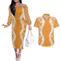 Hawaii Aloha Plumeria Lei Orange Palaka Couples Matching Off The Shoulder Long Sleeve Dress and Hawaiian Shirt - Polynesian Pride