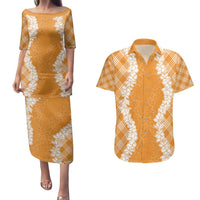 Hawaii Aloha Plumeria Lei Orange Palaka Couples Matching Puletasi and Hawaiian Shirt - Polynesian Pride