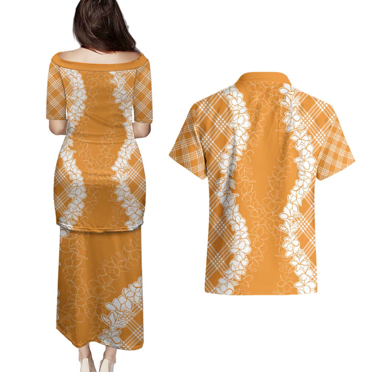Hawaii Aloha Plumeria Lei Orange Palaka Couples Matching Puletasi and Hawaiian Shirt - Polynesian Pride
