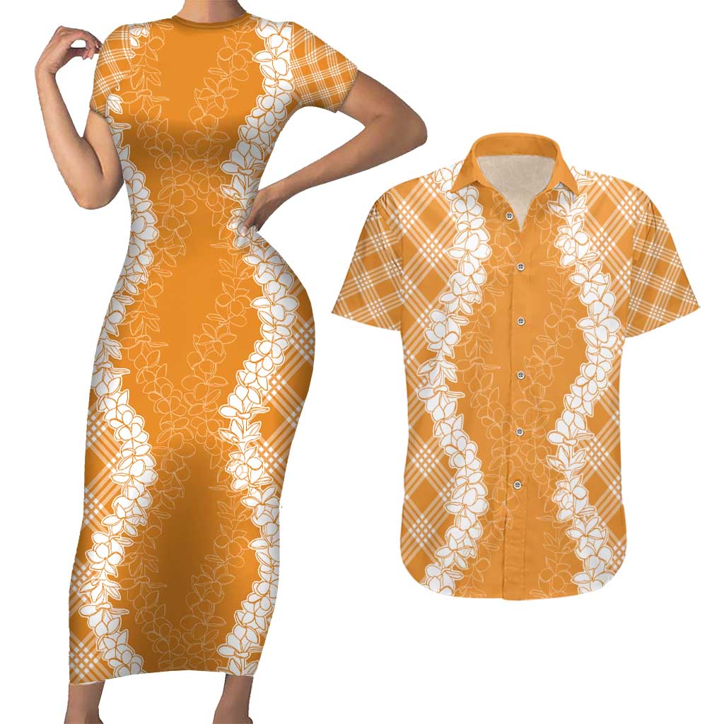 Hawaii Aloha Plumeria Lei Orange Palaka Couples Matching Short Sleeve Bodycon Dress and Hawaiian Shirt - Polynesian Pride