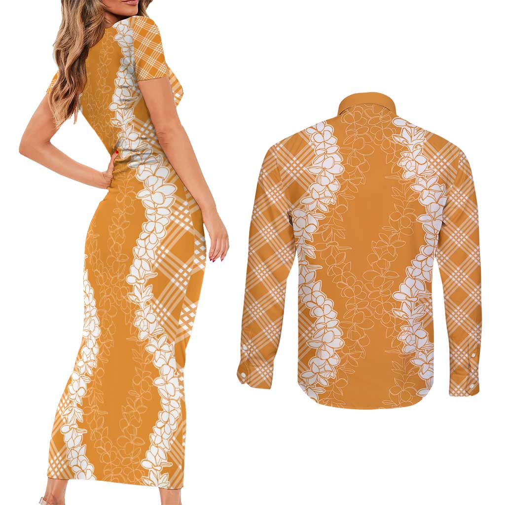 Hawaii Aloha Plumeria Lei Orange Palaka Couples Matching Short Sleeve Bodycon Dress and Long Sleeve Button Shirt - Polynesian Pride