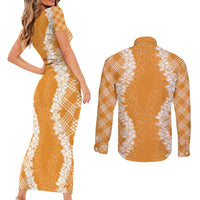 Hawaii Aloha Plumeria Lei Orange Palaka Couples Matching Short Sleeve Bodycon Dress and Long Sleeve Button Shirt - Polynesian Pride