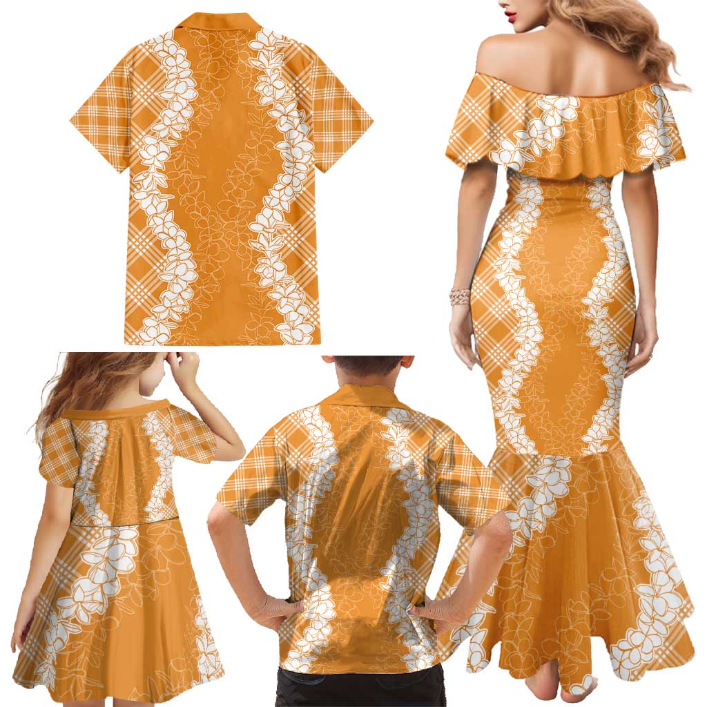 Hawaii Aloha Plumeria Lei Orange Palaka Family Matching Mermaid Dress and Hawaiian Shirt - Polynesian Pride
