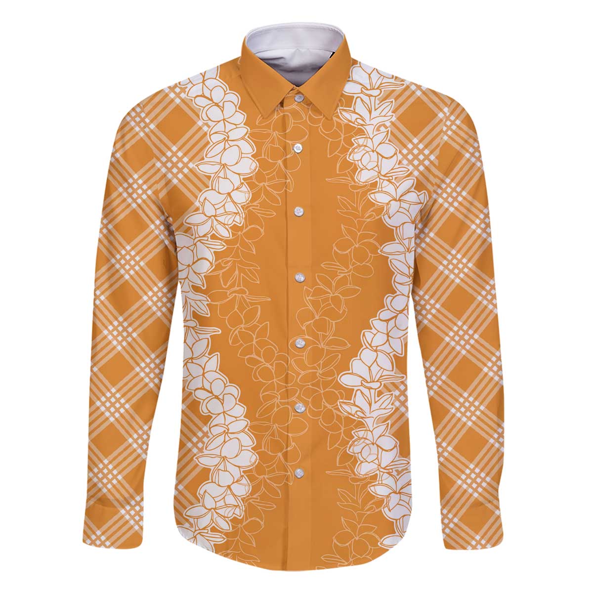 Hawaii Aloha Plumeria Lei Orange Palaka Family Matching Off The Shoulder Long Sleeve Dress and Hawaiian Shirt - Polynesian Pride