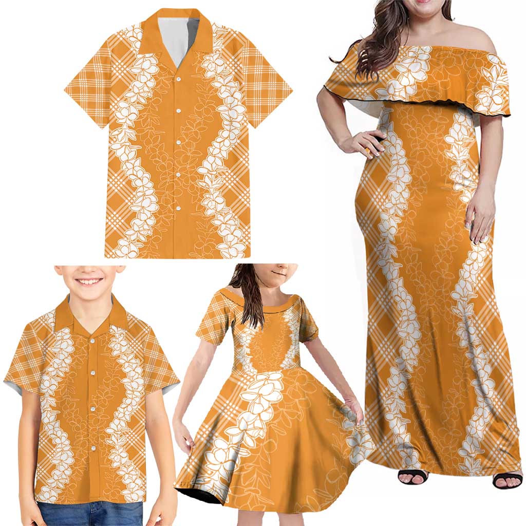 Hawaii Aloha Plumeria Lei Orange Palaka Family Matching Off Shoulder Maxi Dress and Hawaiian Shirt - Polynesian Pride