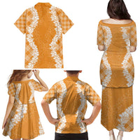 Hawaii Aloha Plumeria Lei Orange Palaka Family Matching Puletasi and Hawaiian Shirt - Polynesian Pride