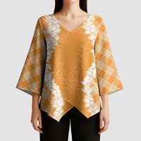 Hawaii Aloha Plumeria Lei Orange Palaka Kimono Sleeve Blouse - Polynesian Pride