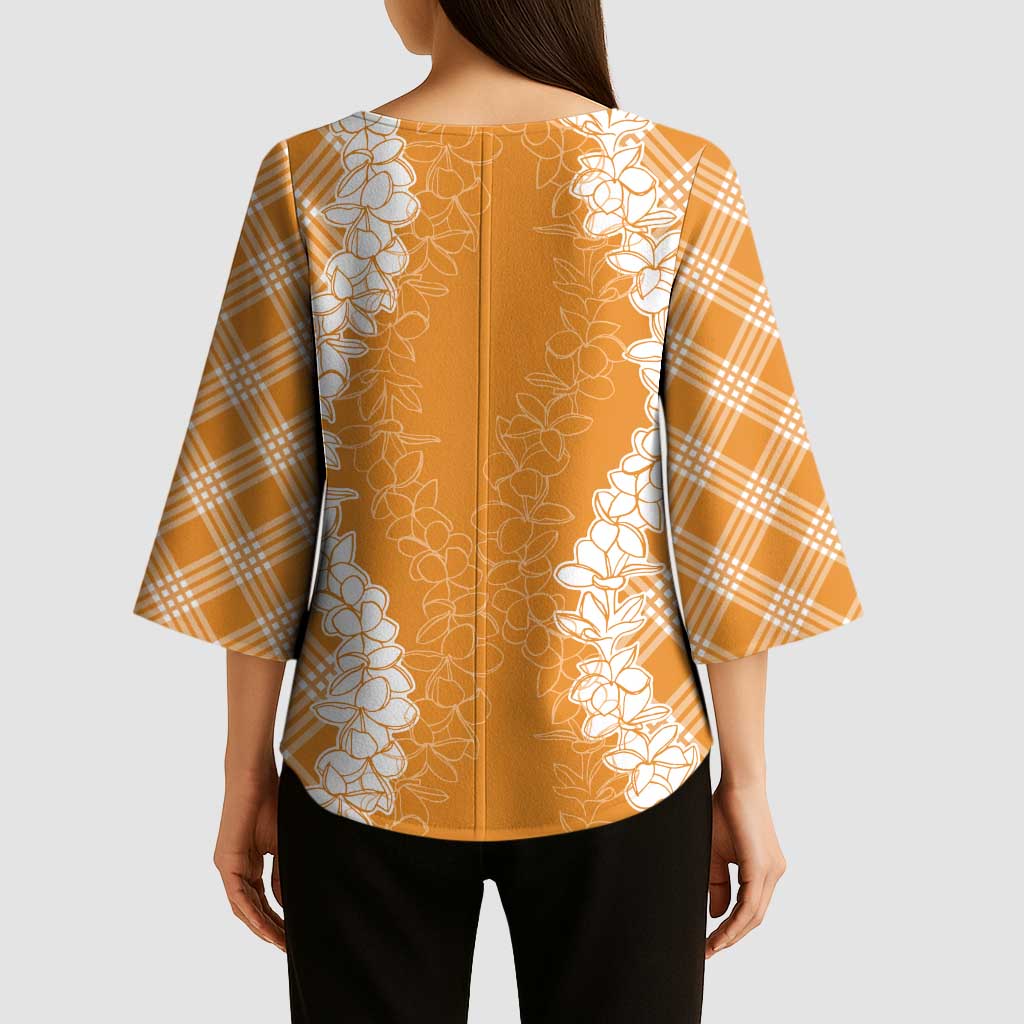 Hawaii Aloha Plumeria Lei Orange Palaka Kimono Sleeve Blouse - Polynesian Pride