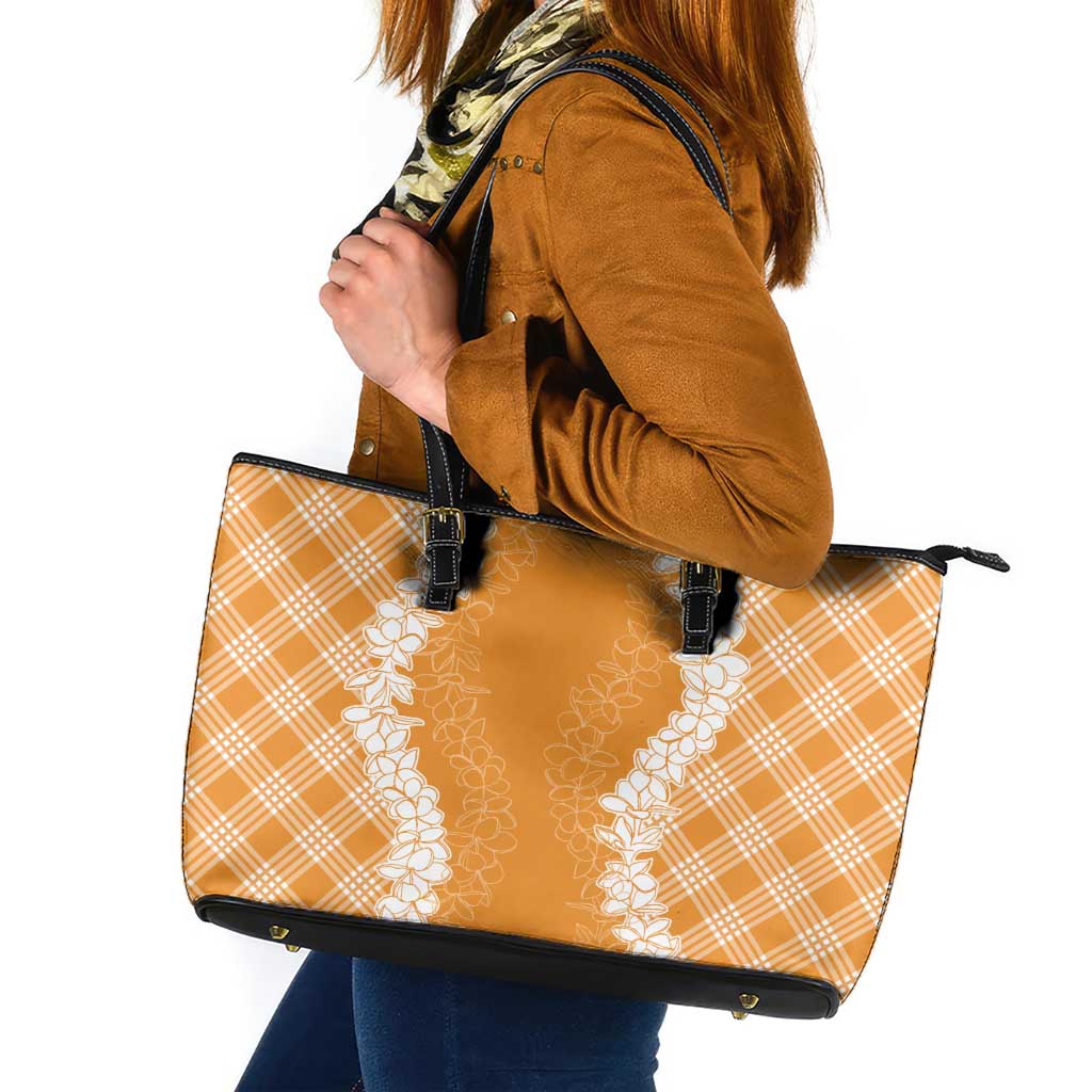 Hawaii Aloha Plumeria Lei Orange Palaka Leather Tote Bag LT7 Orange - Polynesian Pride