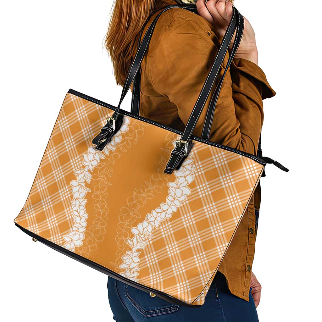 Hawaii Aloha Plumeria Lei Orange Palaka Leather Tote Bag LT7 - Polynesian Pride