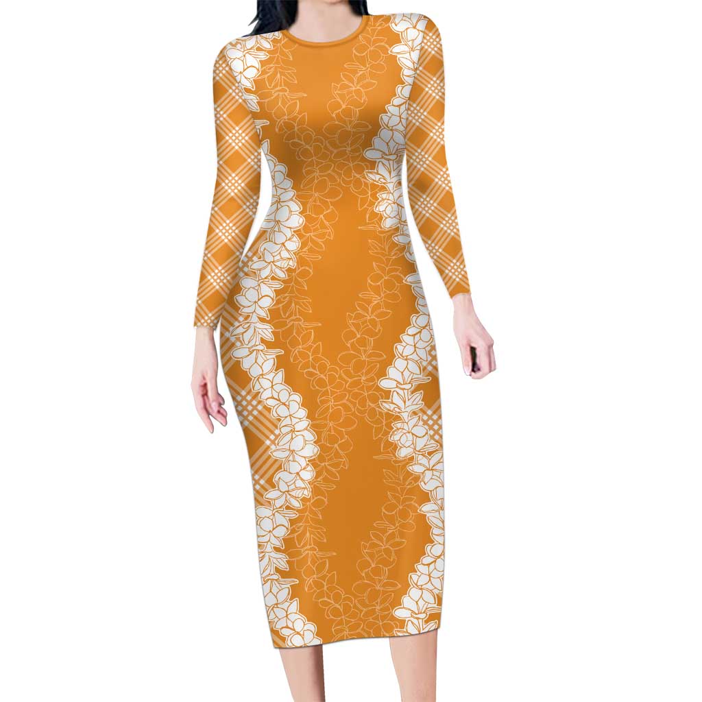 Hawaii Aloha Plumeria Lei Orange Palaka Long Sleeve Bodycon Dress - Polynesian Pride