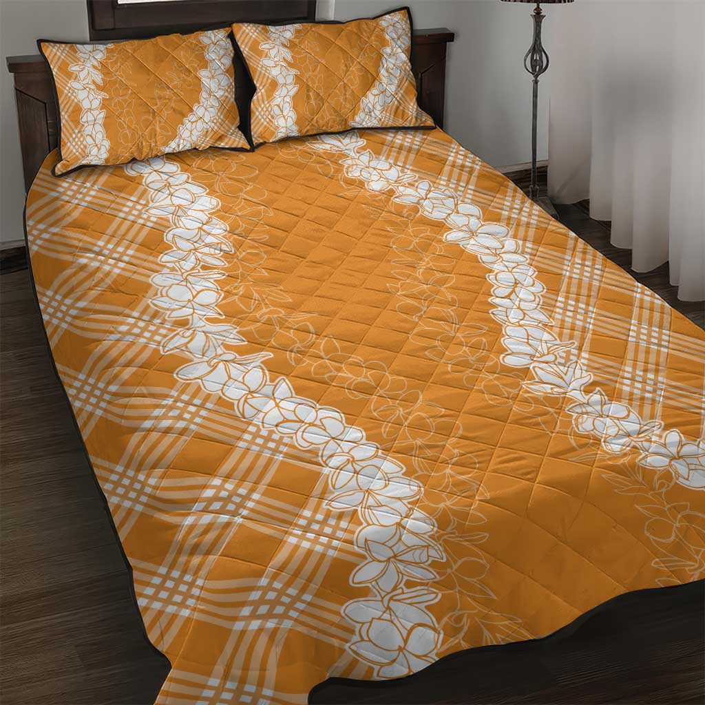 Hawaii Aloha Plumeria Lei Orange Palaka Quilt Bed Set - Polynesian Pride
