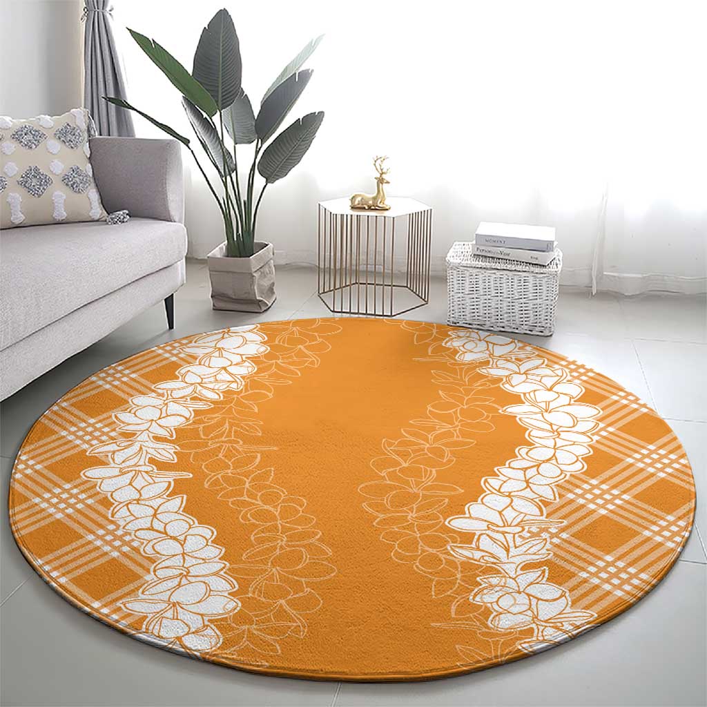 Hawaii Aloha Plumeria Lei Orange Palaka Round Carpet - Polynesian Pride