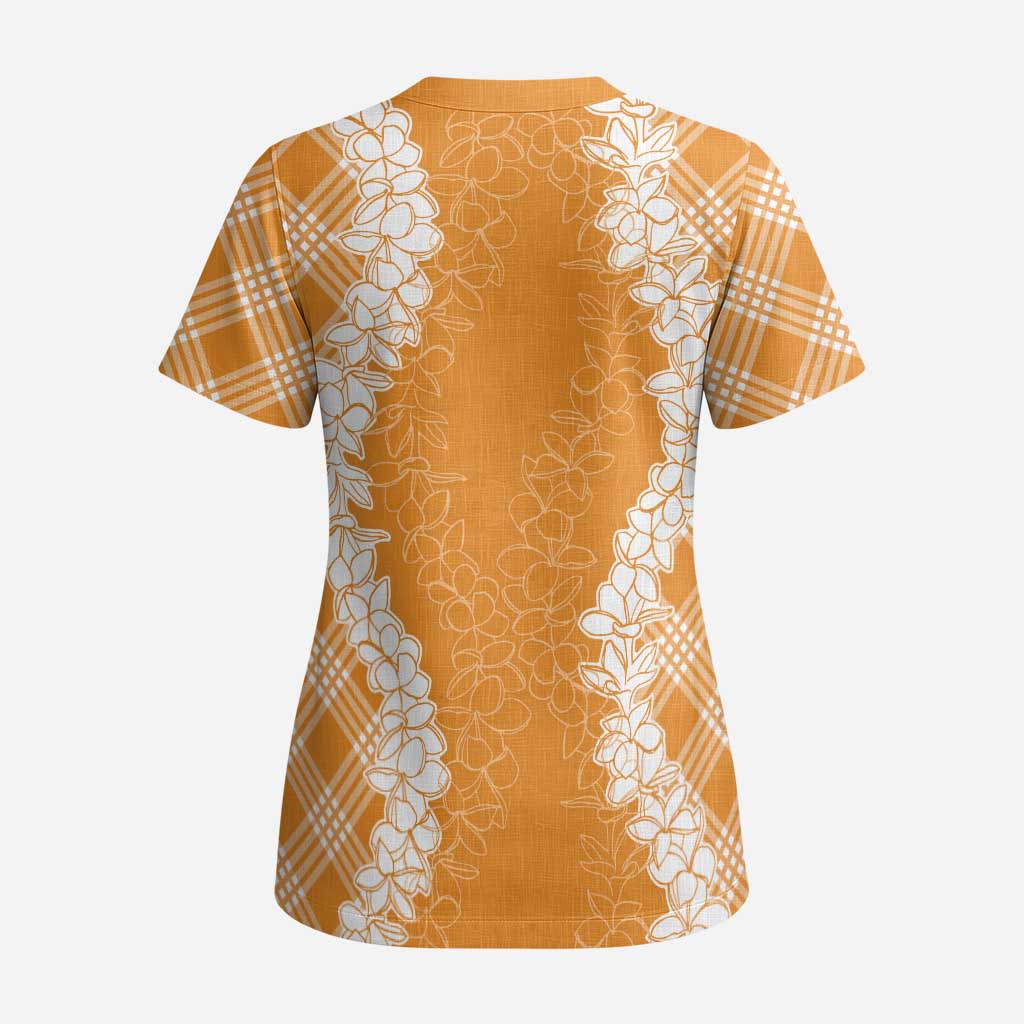 Hawaii Aloha Plumeria Lei Orange Palaka Scrub Top - Polynesian Pride