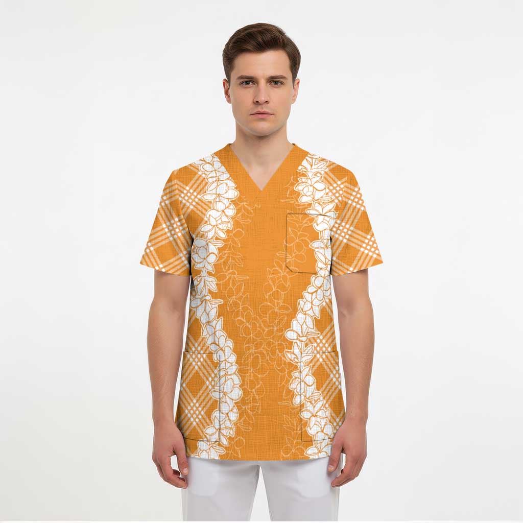 Hawaii Aloha Plumeria Lei Orange Palaka Scrub Top - Polynesian Pride