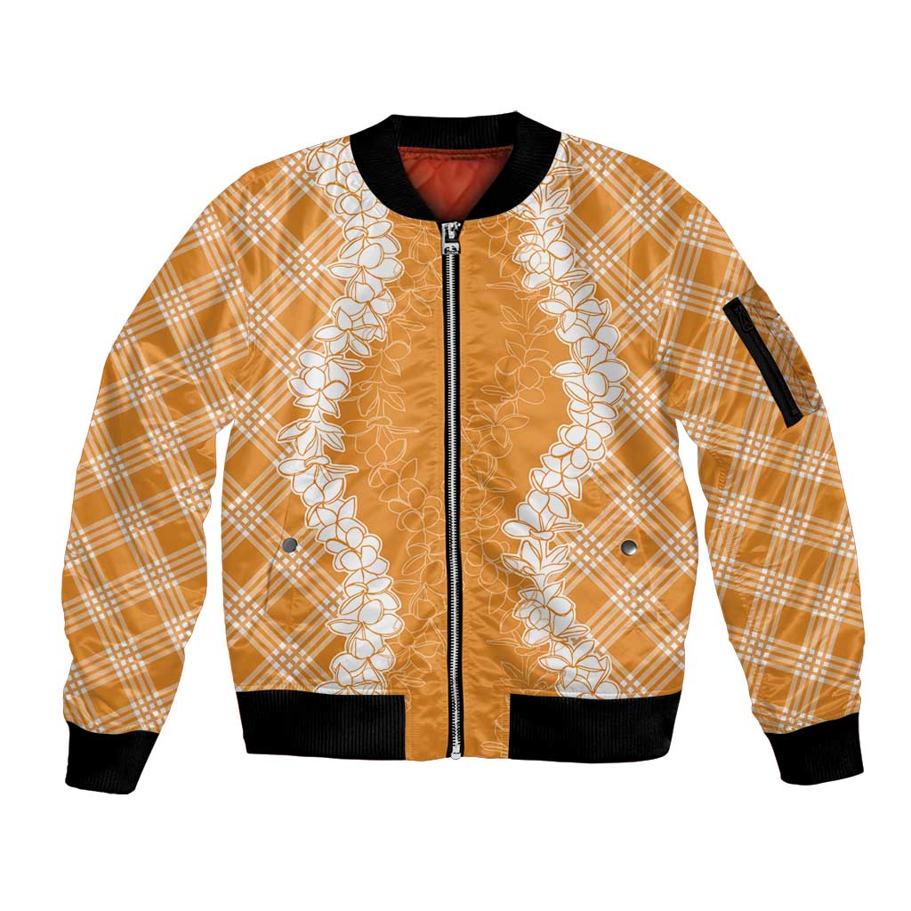 Hawaii Aloha Plumeria Lei Orange Palaka Sleeve Zip Bomber Jacket - Polynesian Pride