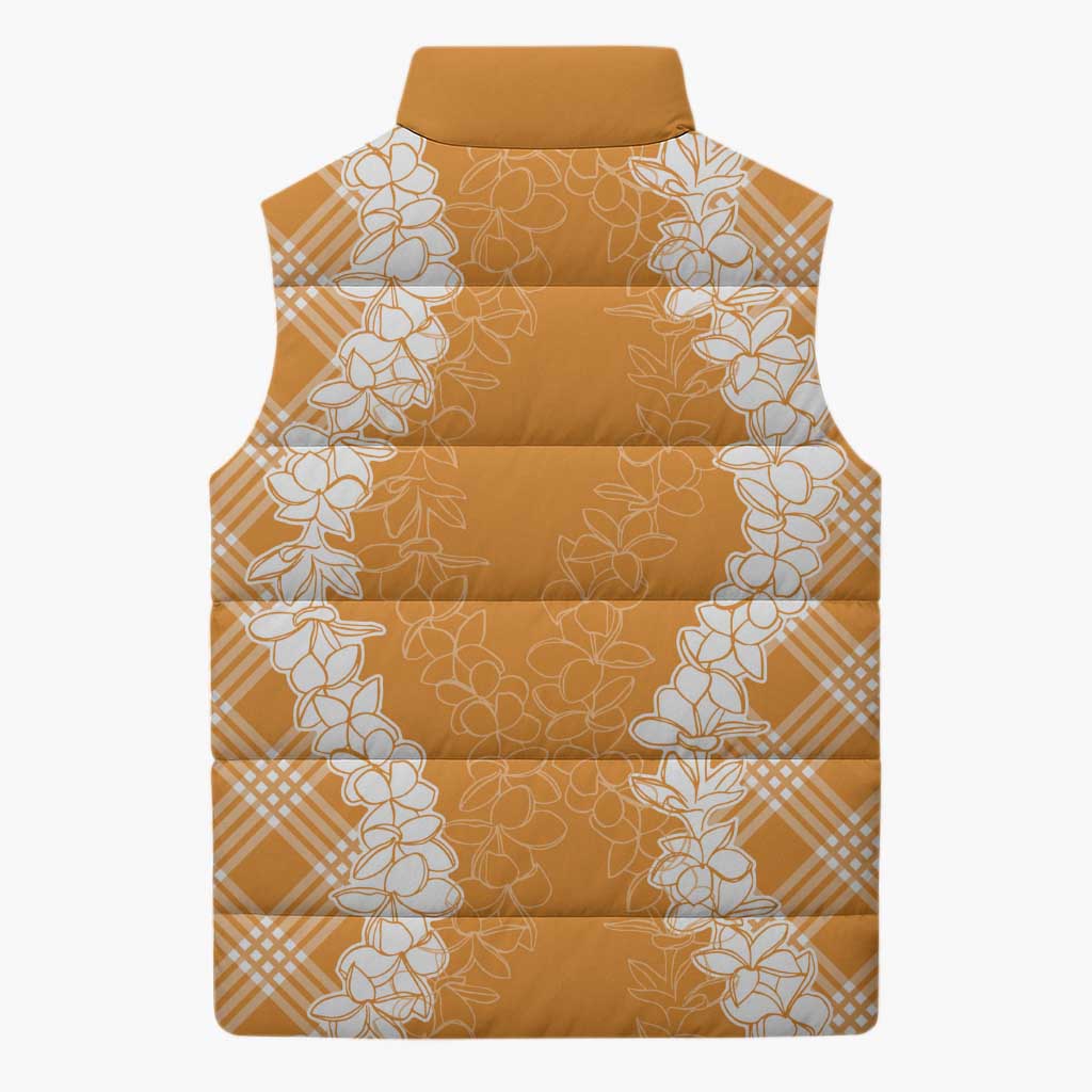 Hawaii Aloha Plumeria Lei Orange Palaka Sleeveless Puffer Jacket - Polynesian Pride