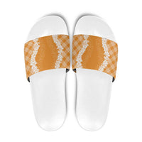 Hawaii Aloha Plumeria Lei Orange Palaka Slide Sandals - Polynesian Pride