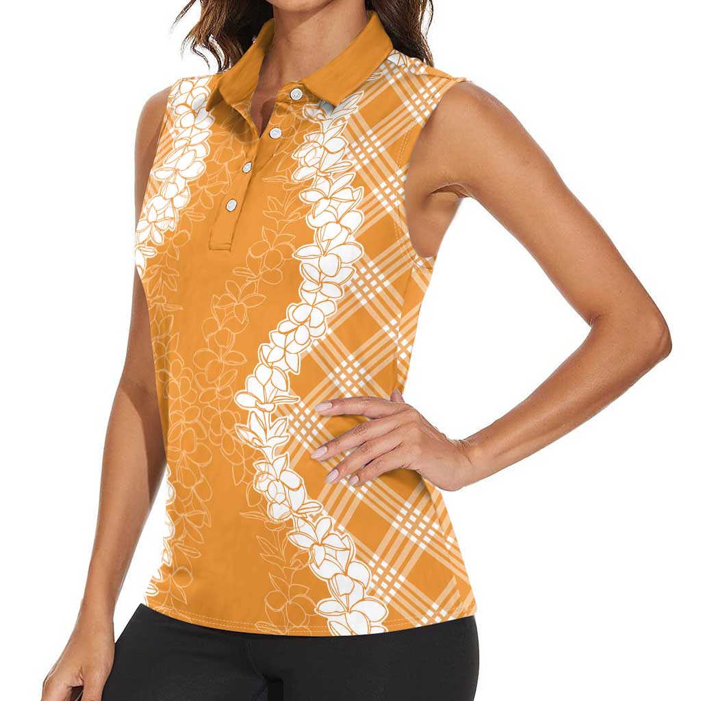 Hawaii Aloha Plumeria Lei Orange Palaka Women Sleeveless Polo Shirt - Polynesian Pride