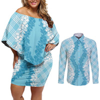 Hawaii Aloha Plumeria Lei Turquoise Palaka Couples Matching Off Shoulder Short Dress and Long Sleeve Button Shirt - Polynesian Pride