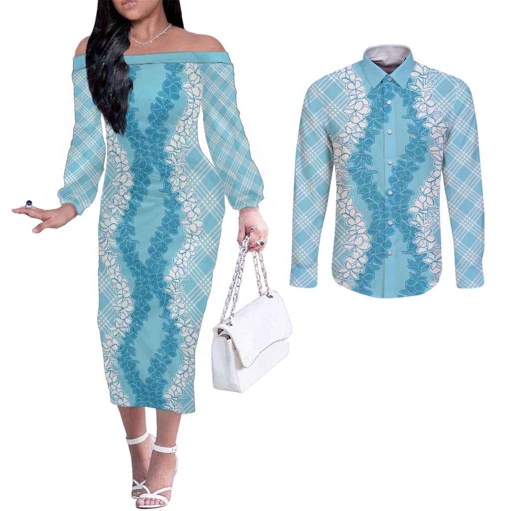 Hawaii Aloha Plumeria Lei Turquoise Palaka Couples Matching Off The Shoulder Long Sleeve Dress and Long Sleeve Button Shirt - Polynesian Pride