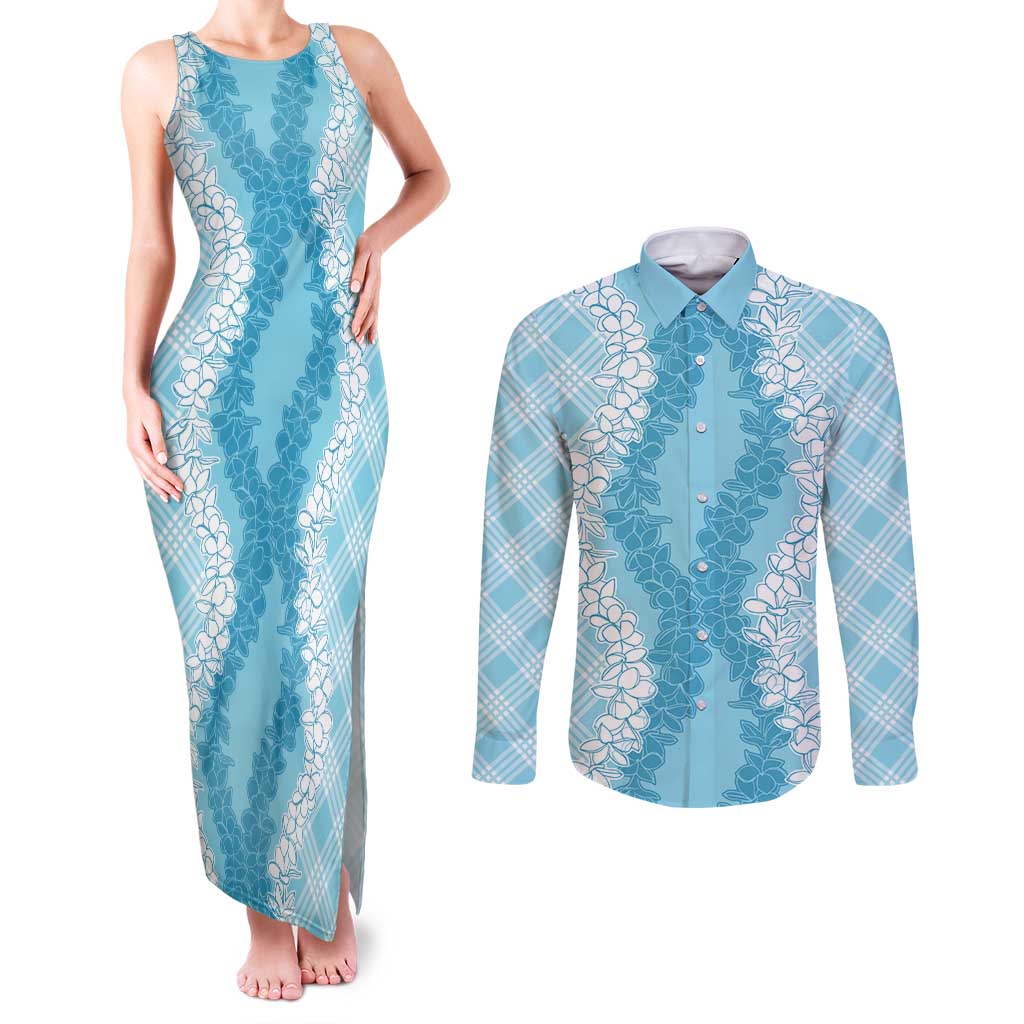 Hawaii Aloha Plumeria Lei Turquoise Palaka Couples Matching Tank Maxi Dress and Long Sleeve Button Shirt - Polynesian Pride