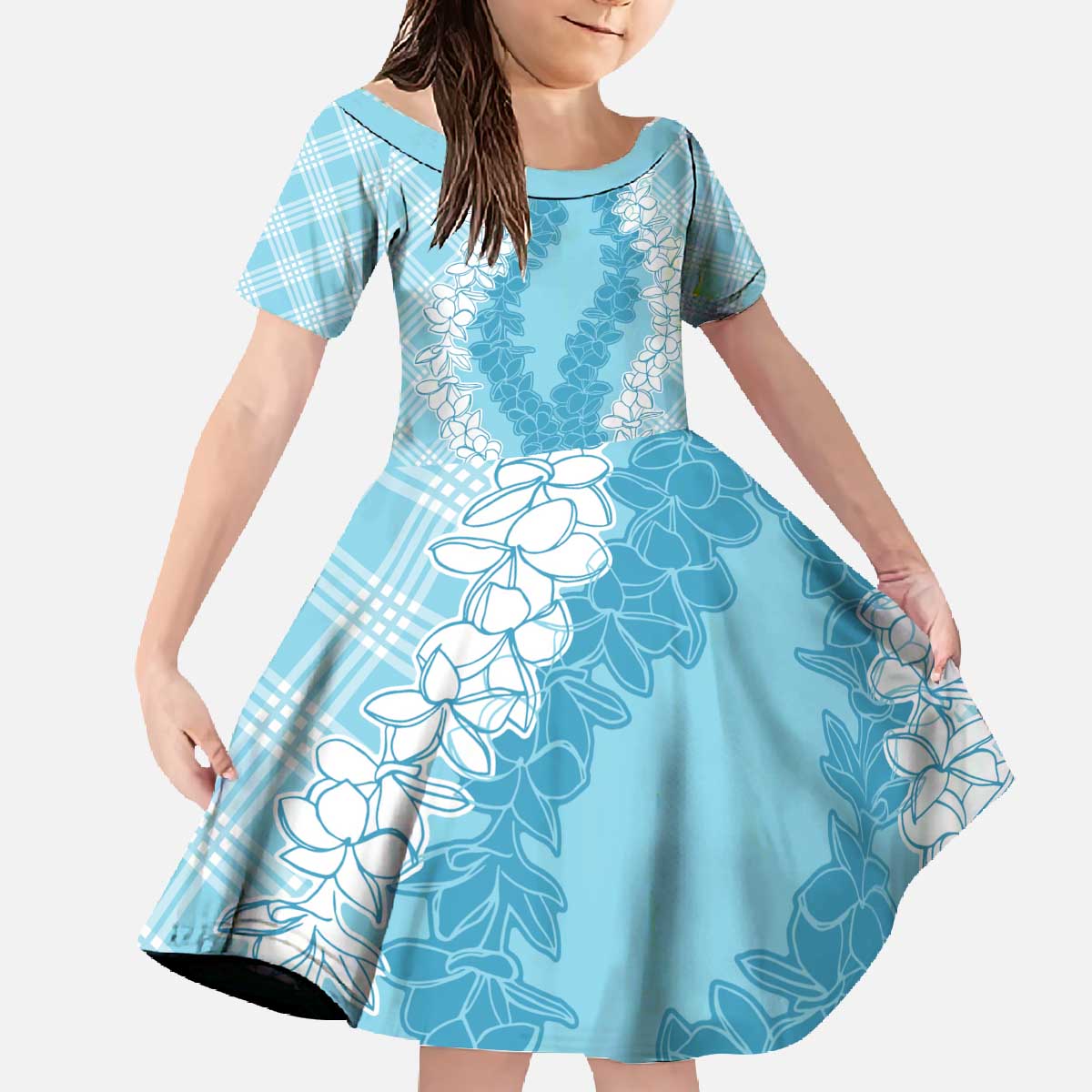 Hawaii Aloha Plumeria Lei Turquoise Palaka Family Matching Off The Shoulder Long Sleeve Dress and Hawaiian Shirt - Polynesian Pride