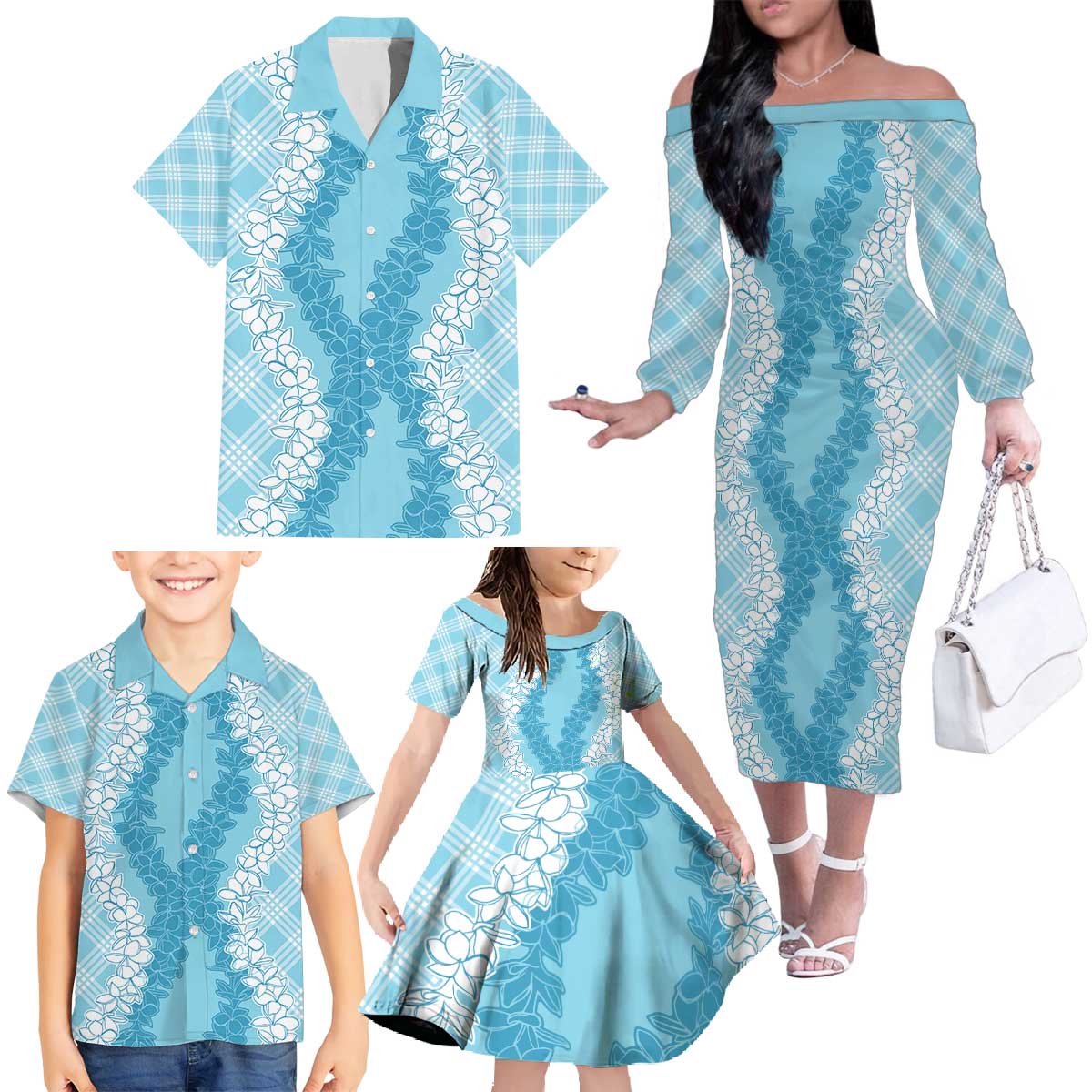 Hawaii Aloha Plumeria Lei Turquoise Palaka Family Matching Off The Shoulder Long Sleeve Dress and Hawaiian Shirt - Polynesian Pride