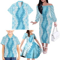 Hawaii Aloha Plumeria Lei Turquoise Palaka Family Matching Off The Shoulder Long Sleeve Dress and Hawaiian Shirt - Polynesian Pride