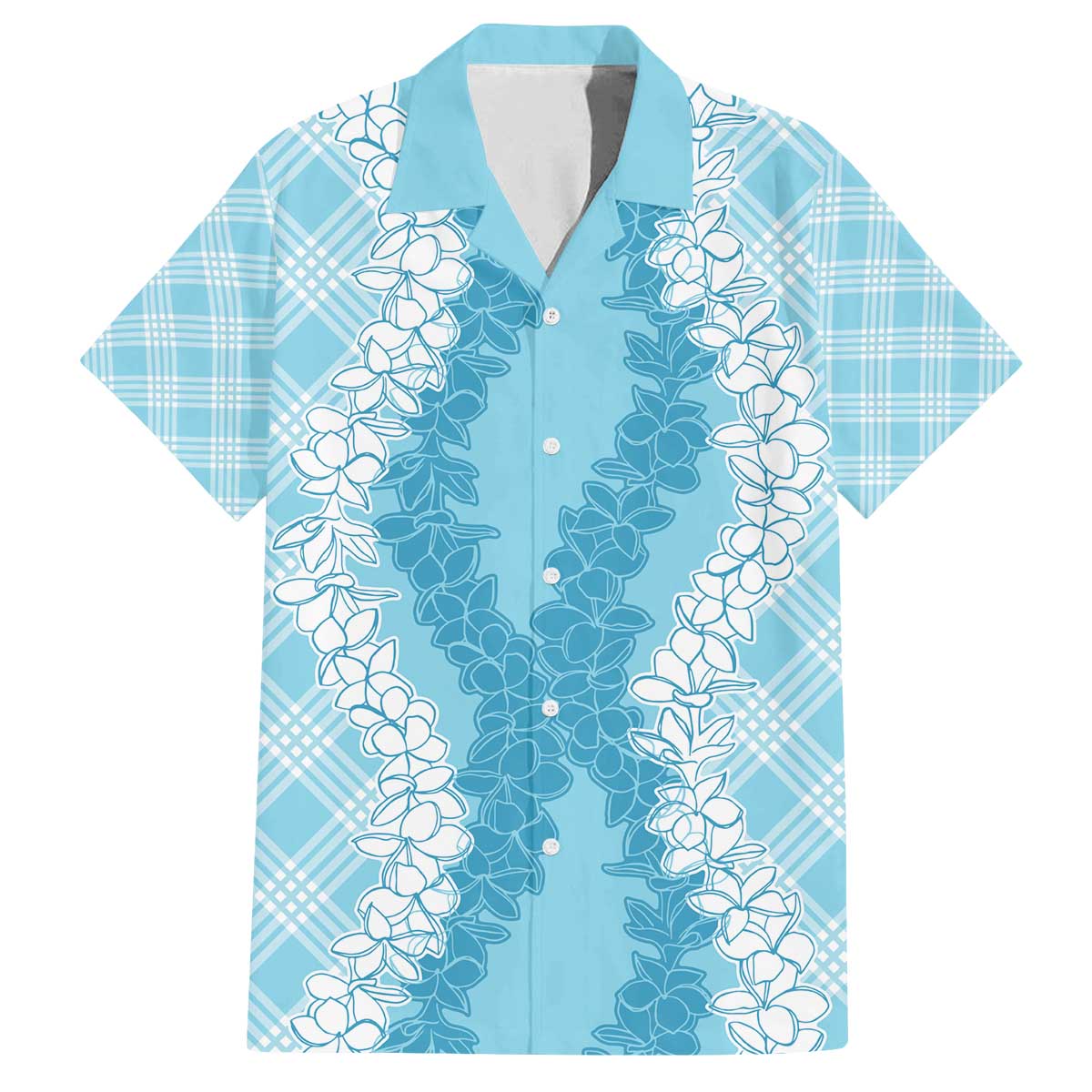 Hawaii Aloha Plumeria Lei Turquoise Palaka Family Matching Off The Shoulder Long Sleeve Dress and Hawaiian Shirt - Polynesian Pride