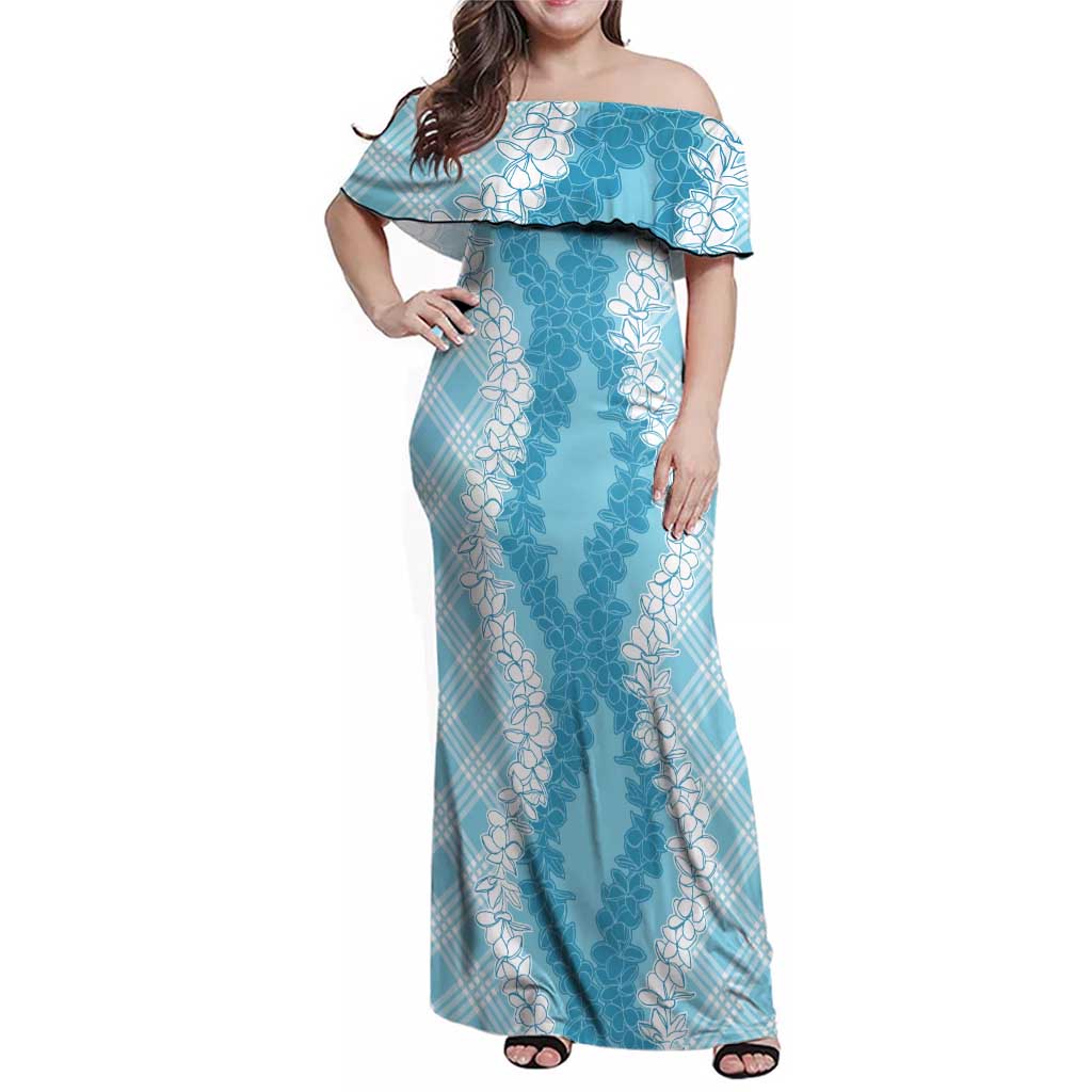 Hawaii Aloha Plumeria Lei Turquoise Palaka Family Matching Off Shoulder Maxi Dress and Hawaiian Shirt - Polynesian Pride