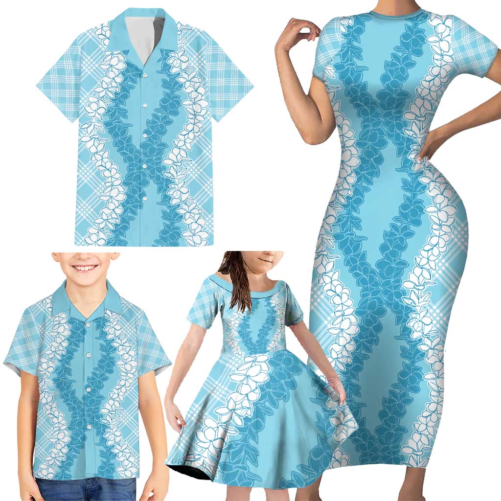 Hawaii Aloha Plumeria Lei Turquoise Palaka Family Matching Short Sleeve Bodycon Dress and Hawaiian Shirt - Polynesian Pride