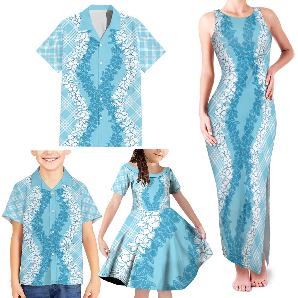 Hawaii Aloha Plumeria Lei Turquoise Palaka Family Matching Tank Maxi Dress and Hawaiian Shirt - Polynesian Pride