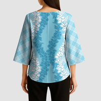 Hawaii Aloha Plumeria Lei Turquoise Palaka Kimono Sleeve Blouse - Polynesian Pride