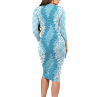 Hawaii Aloha Plumeria Lei Turquoise Palaka Long Sleeve Bodycon Dress - Polynesian Pride