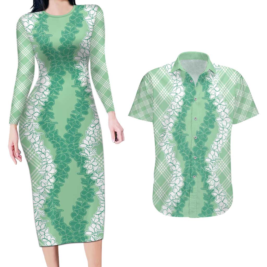 Hawaii Aloha Plumeria Lei Mint Palaka Couples Matching Long Sleeve Bodycon Dress and Hawaiian Shirt - Polynesian Pride