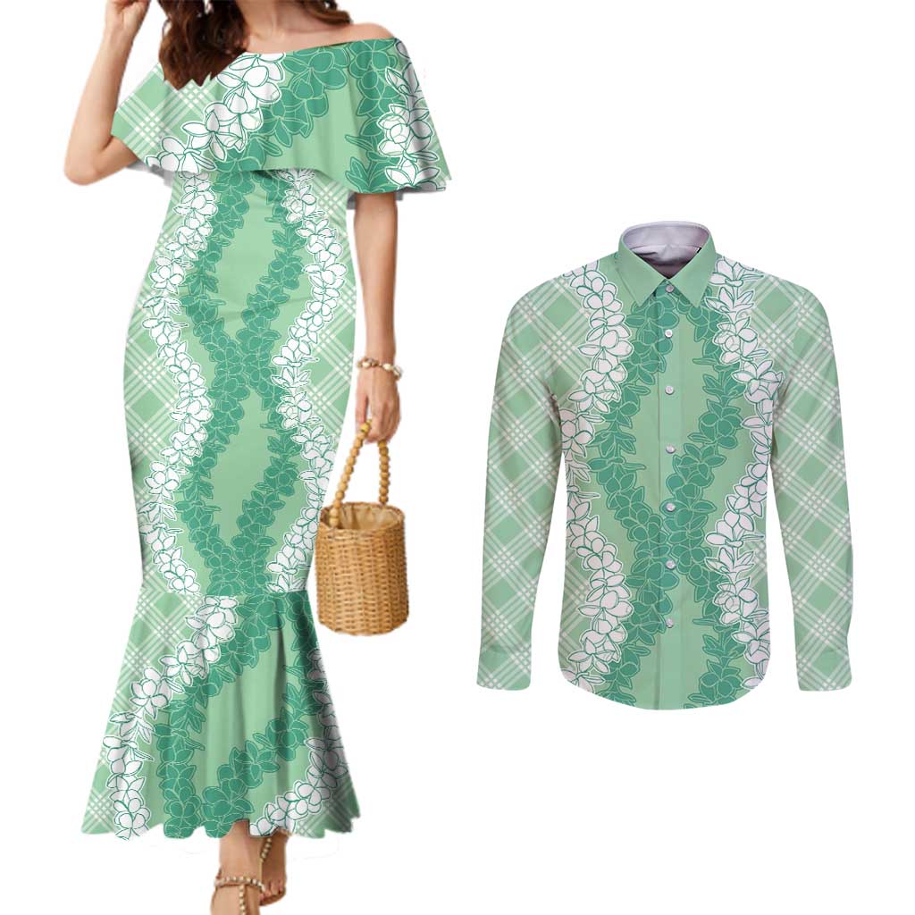 Hawaii Aloha Plumeria Lei Mint Palaka Couples Matching Mermaid Dress and Long Sleeve Button Shirt - Polynesian Pride