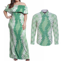 Hawaii Aloha Plumeria Lei Mint Palaka Couples Matching Off Shoulder Maxi Dress and Long Sleeve Button Shirt - Polynesian Pride